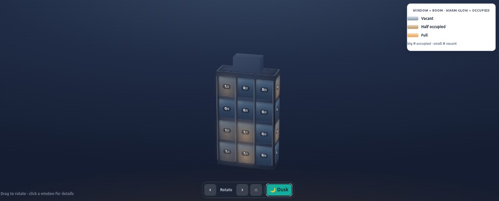 Hostel dashboard 3D building visualization showing rooms as glowing windows, with occupied rooms shown by a warm glow across three floors