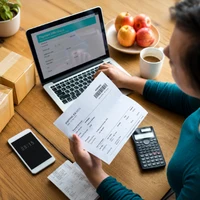 Business owner reviewing an invoice on a laptop, showing how Odoo Malaysia supports LHDN MyInvois e-invoicing compliance for Malaysian businesses.