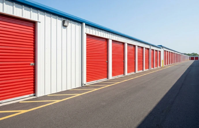 Row of self-storage units at Bookabox.com in Germany, showing how an Odoo service provider and Odoo partner Malaysia streamlined storage bookings, payments, and occupancy management with Odoo.