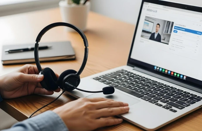 Clear Odoo Partner Malaysia Communication and Support erson using a headset beside a laptop for online support, showing how an Odoo partner Malaysia provides clear communication, regular updates, and reliable Odoo service provider support.