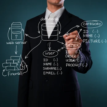 Business professional illustrating database workflow diagram showing Odoo customization services for unique and non-standard business processes, ERP customization and system integration concept.