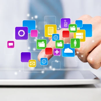 Hand interacting with digital interface showing multiple connected application icons representing CRM, accounting, logistics, and cloud systems, highlighting Odoo customization services for integrating disconnected business systems and eliminating data duplication.