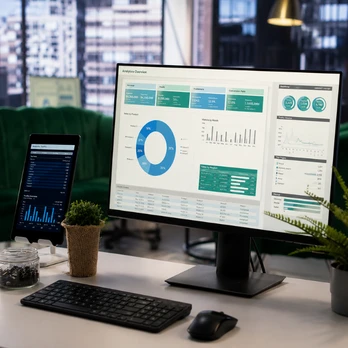 Modern office workstation showing business analytics dashboard on desktop and mobile screens, representing advanced reporting and real-time data visualization enabled through Odoo customization services and ERP customization for better business decision-making.