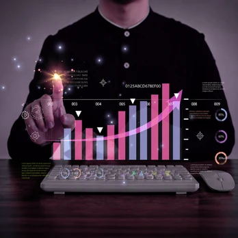 Business professional interacting with digital growth chart and analytics dashboard representing scalability, automation, and system expansion through Odoo customization services and ERP customization for growing businesses.