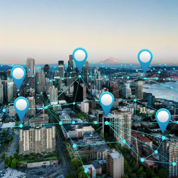 City network visualization with connected location markers representing multiple branches and warehouses, illustrating centralized control and visibility enabled by Odoo customization services for multi-location business management and ERP customization.