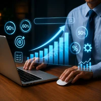 Business professional monitoring growth analytics and performance metrics on a digital dashboard. Odoo customization services help businesses scale efficiently with flexible ERP solutions, custom modules, and expanding operational needs.