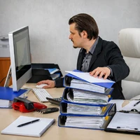 Office employee managing heavy paperwork and manual data tasks. Odoo customization services help automate repetitive work, reduce errors, and improve ERP workflow efficiency.