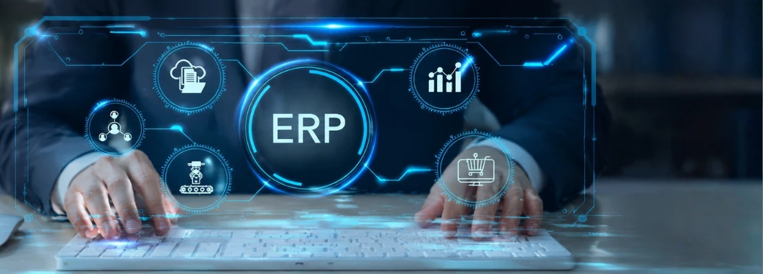 ERP digital interface on keyboard representing Odoo implementation services and Odoo ERP implementation consultation.
