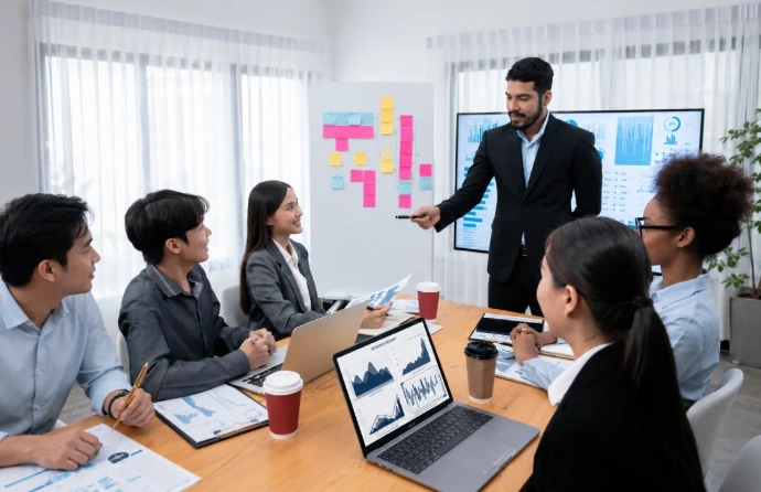 Business team in strategy meeting representing Odoo implementation services and Odoo ERP implementation with a business-first approach.