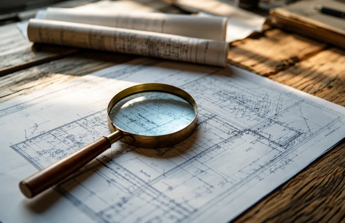 Magnifying glass over project plans representing Odoo implementation services and Odoo ERP implementation with honest project scoping.