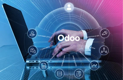 Business professional working on a laptop with Odoo interface, representing Odoo integration services, Odoo integration, and integration Odoo solutions.