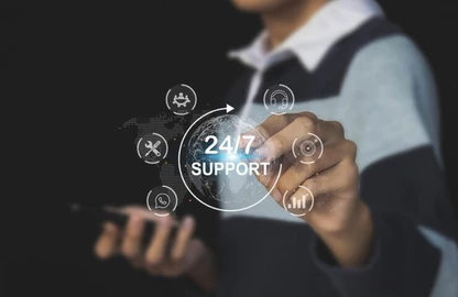 Business support professional showing a 24/7 support interface, representing Odoo integration services, Odoo integration, and integration Odoo support for ongoing help after go-live.